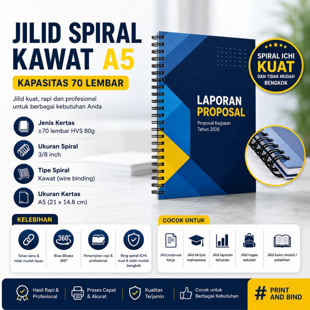 Ongkos Jilid Spiral Kawat A5, 70 lbr HVS 80g - 3/8"