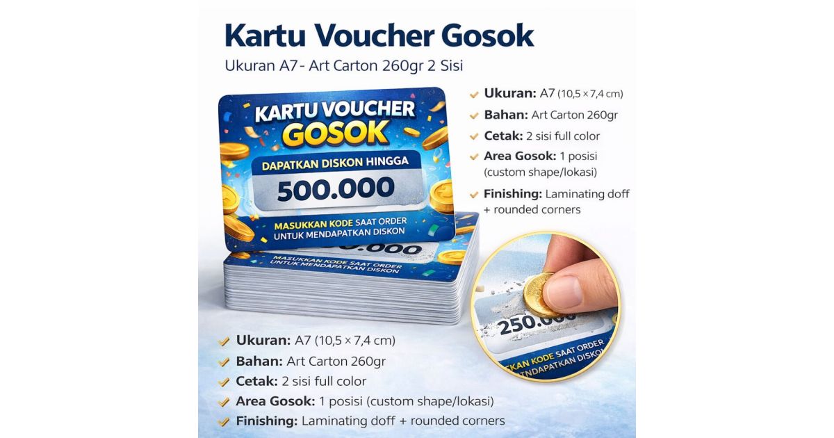 Cetak Voucher Gosok A7 - Art Carton 260gr 2 Sisi, 1 Posisi Gosok, Laminating Doff, Rounded Corners